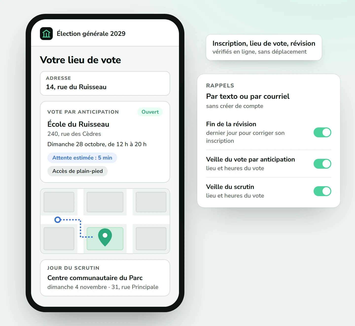 Portail des électeurs sur téléphone : le lieu du vote par anticipation, ouvert de 12 h à 20 h, avec une attente estimée de 5 minutes, un accès de plain-pied et la carte du secteur, le lieu du jour du scrutin, et les rappels par texto ou par courriel