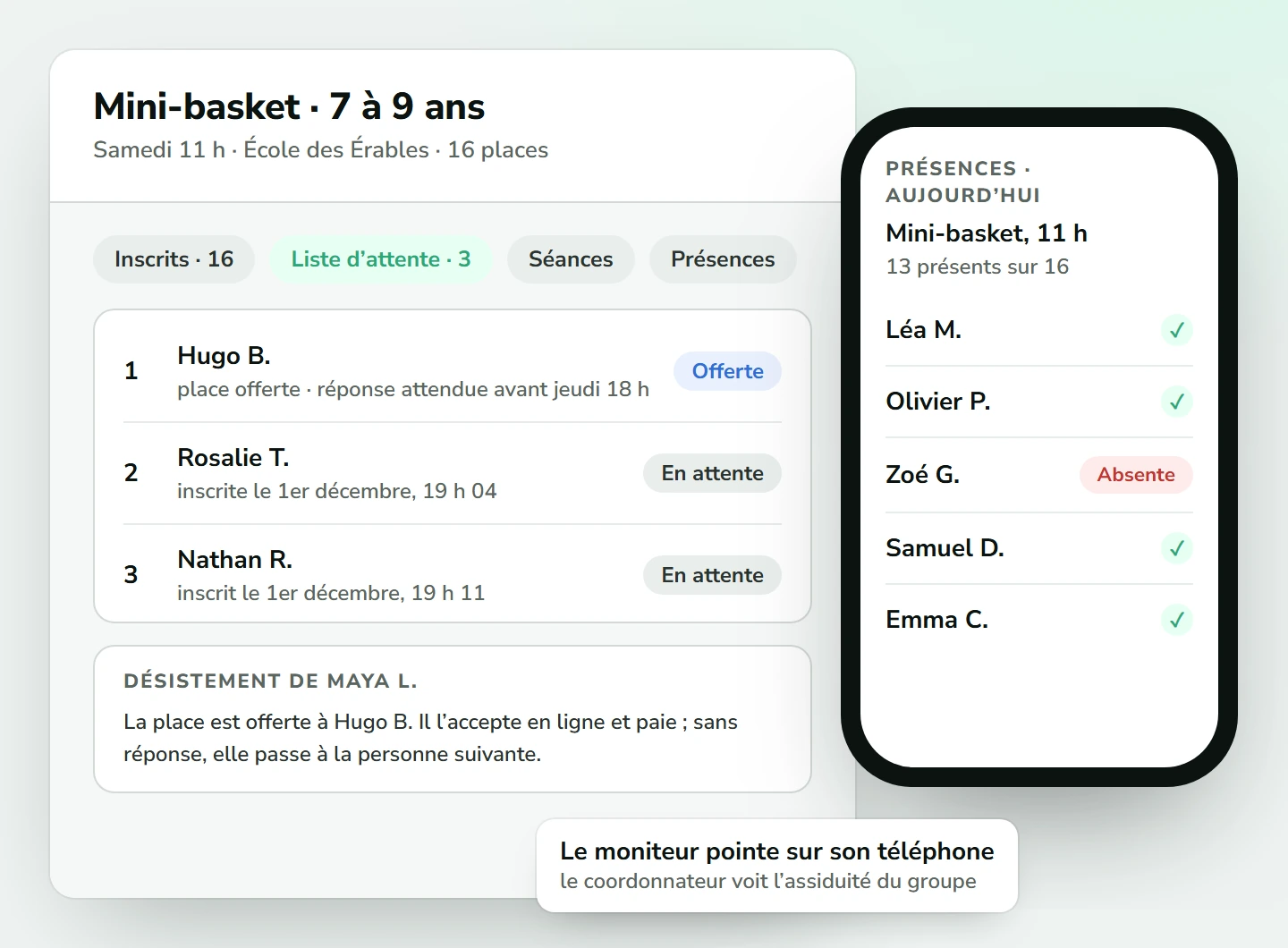 Fiche d’un groupe de mini-basket : liste d’attente de trois enfants, la place libérée par un désistement offerte au premier avec une réponse attendue avant jeudi 18 h ; à côté, le téléphone du moniteur avec les présences du jour, 13 présents sur 16