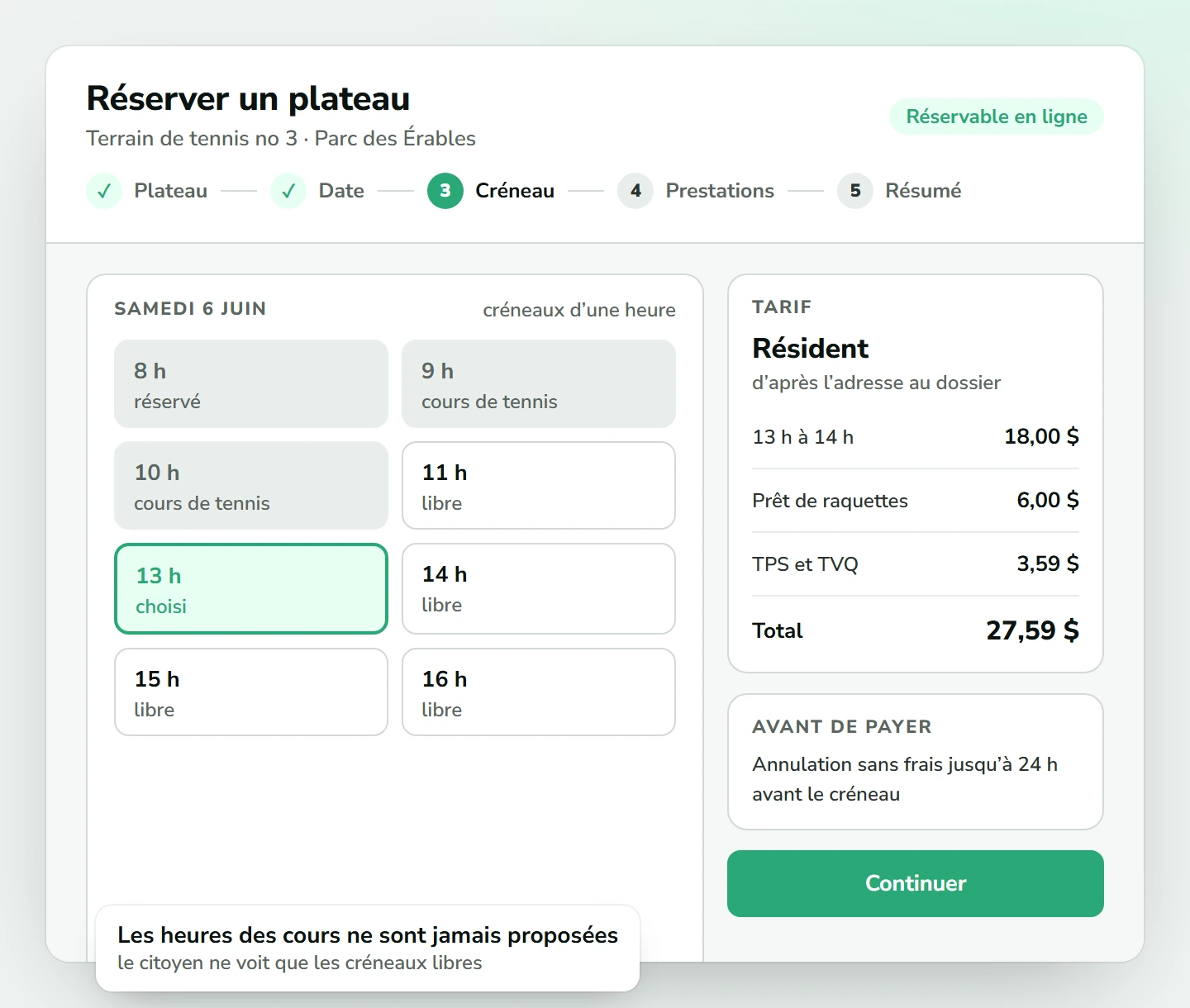 Réservation du terrain de tennis no 3 un samedi : les créneaux de 8 h à 10 h sont pris par une réservation et des cours, le citoyen choisit 13 h ; tarif résident de 18 $, prêt de raquettes à 6 $, TPS et TVQ, total de 27,59 $ et annulation sans frais jusqu’à 24 h avant
